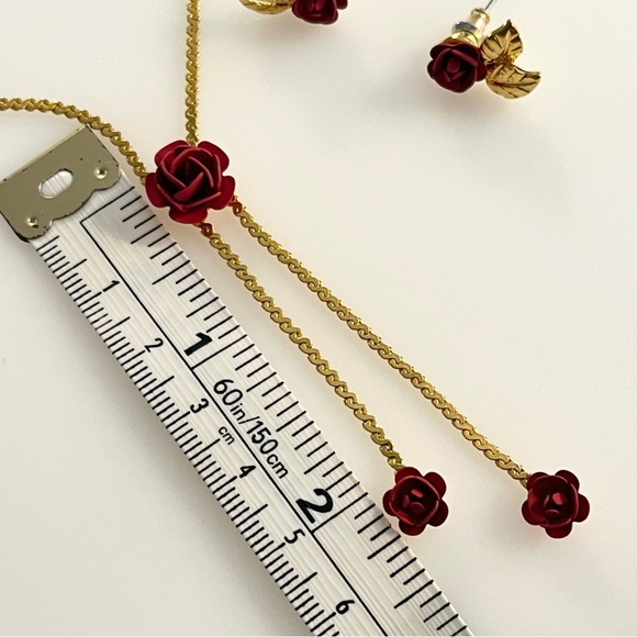 Vintage June Birth Flower Necklace and Earrings Set Gold Tone Red Rose Enamel - Picture 10 of 16